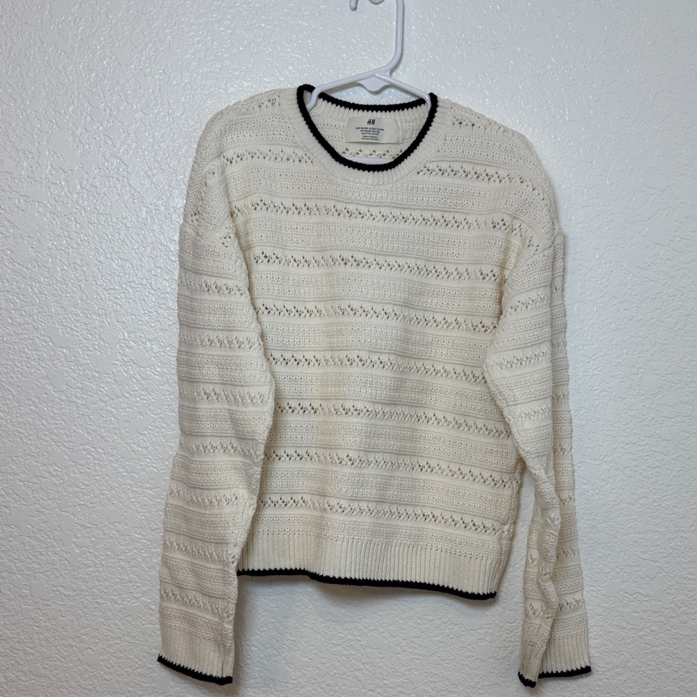 H&M Cream Open-Weave Crewneck Sweater with Black Trim